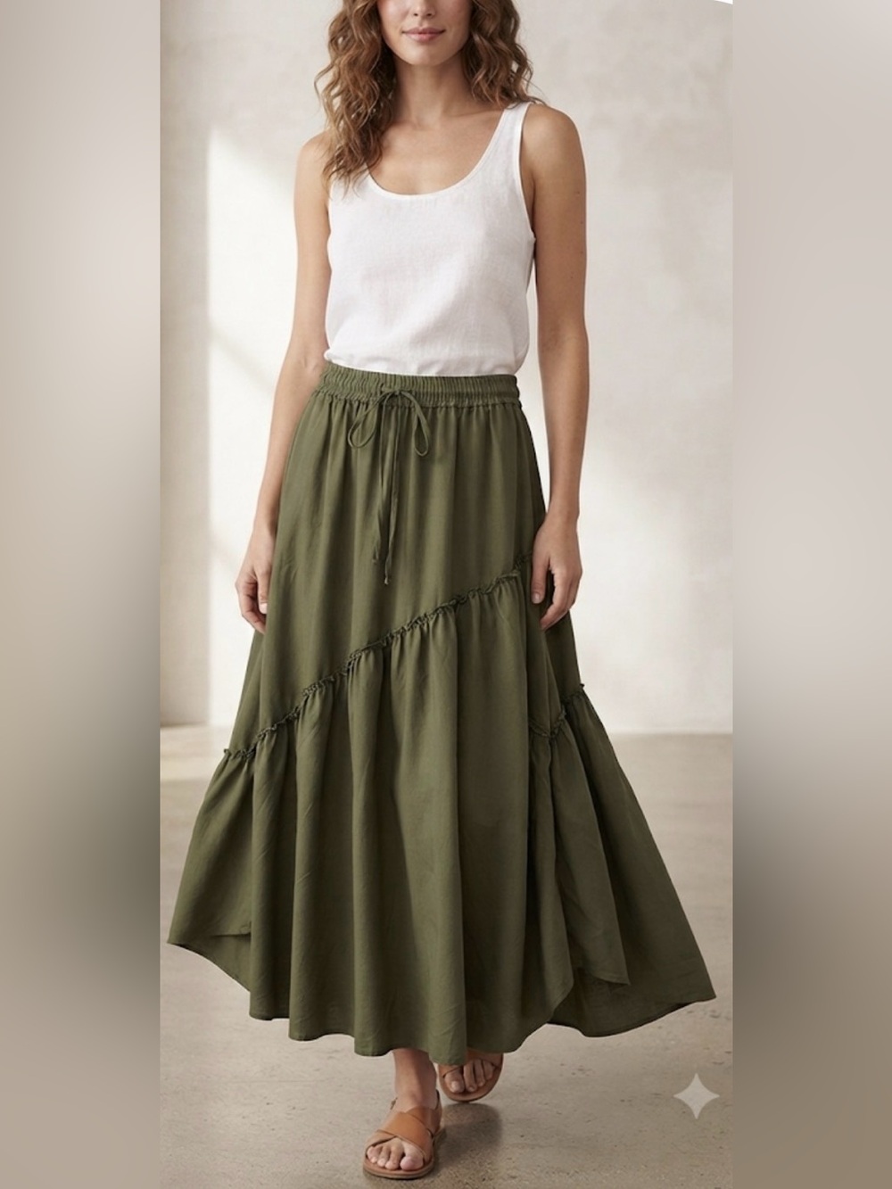 Olive Green Tiered Boho Maxi Skirt – Size L (Flowy & Stretchy)